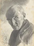 Adolph von Menzel, Kopf eines alten Mannes, 1886, Kohle, teilweise laviert, auf Velin