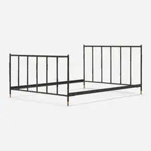 Full-size bed frame by Jacques Adnet, c. 1950, saddle-stitched leather over steel, brass, sold Feb 2024