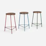 Stools from the College of Architecture, Chandigarh, set of three by Pierre Jeanneret, c. 1960, teak, lacquered steel, sold Feb 2024