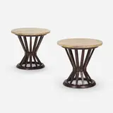 Edward Wormley, Sheaf of Wheat occasional tables, pair, c. 1955, travertine, lacquered walnut, brass