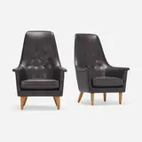 attribution Ib Kofod-Larsen, Lounge chairs, pair, c. 1960, leather, birch