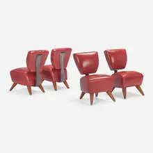 Jordan Mozer, Chairs from Fred's restaurant at Barneys New York, set of four, c. 1995, leather, steel, mahogany
