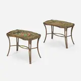 Pompadour Floral occasional tables, pair by Philip and Kelvin Laverne, c. 1965, acid-etched, enameled and patinated brass over pewter and wood, sold Feb 2024