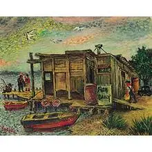 David Burliuk, Untitled (Fishing Shack), c. 1945, oil on canvas board