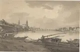 Adrian Zingg, Ansicht von Dresden mit Augustusbrücke und Hofkirche, Tuschfeder in Schwarz, Pinsel in Grau, laviert, auf Bütten