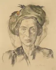 Lotte Laserstein, Porträt einer Dame mit Hut und Schleier. 1940er/1950er-Jahre, Pastellkreide auf gelblichem Ingres-Bütten