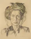 Lotte Laserstein, Porträt einer Dame mit Hut und Schleier. 1940er/1950er-Jahre, Pastellkreide auf gelblichem Ingres-Bütten
