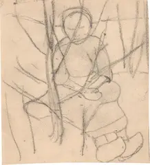 Paula Modersohn-Becker, Sitzendes Mädchen hinter kahlem Baum, Um 1903, Kohle auf Papier
