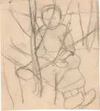 Paula Modersohn-Becker, Sitzendes Mädchen hinter kahlem Baum, Um 1903, Kohle auf Papier