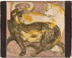 Franz Marc, Zwei Katzen, 1909, Farblithografie auf gestrichenem Papier, an den seitlichen Blatträndern mit schwarzer Tempera bemalt
