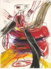 Walter Stöhrer, Aber vor allem Flügel, Zähne, Klauen, 1991, Aquarell, Kreide, Öl und Papier über Radierung, auf Leinwand aufgezogen
