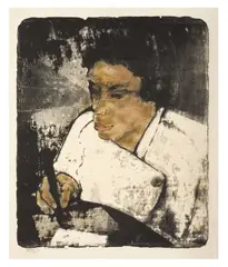 Max Kaus, Schreibende Frau“. 1925(?), Farblithographie auf Velin