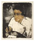 Max Kaus, Schreibende Frau“. 1925(?), Farblithographie auf Velin