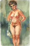 Stehender weiblicher Akt by George Grosz, Um 1935, Aquarell über Bleistift und Feder in Schwarz auf Fabriano-Velin, sold Nov 2009