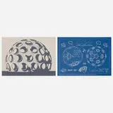 Buckminster Fuller, Geodesic Structures—Monohex (from the Inventions: Twelve Around One portfolio), screenprint on clear plastic, photoscreenprint on paper and blue paper