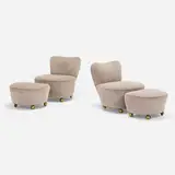 Vladimir Kagan, Fireside chairs and ottomans, two pairs