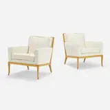 Lounge chairs, pair by T. H. Robsjohn-Gibbings, c. 1955, bouclé upholstery, bleached walnut, sold Nov 2023