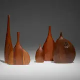 Tom Trammel and Doug Ayers, Collection of five vases, walnut, afromosia, various woods