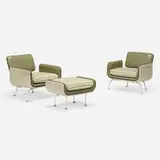 Alexander Girard, Lounge chairs model 66310, pair and ottoman, 1967, Naugahyde, upholstery, cast aluminum