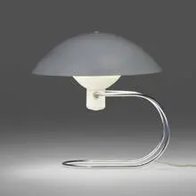 Anywhere table lamp by Greta von Nessen, 1952, enameled aluminum, enameled steel, plastic, sold Nov 2023