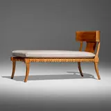 T. H. Robsjohn-Gibbings, Klini chaise, model no. 11, 1961, walnut, leather, upholstered cushion