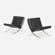 Barcelona chairs, pair by Ludwig Mies van der Rohe, leather upholstery, stainless steel, sold Aug 2026