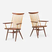 George Nakashima, New Chairs with Arms, pair, 1967, American black walnut, hickory