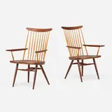 George Nakashima, New Chairs with Arms, pair, 1967, American black walnut, hickory