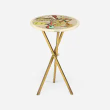 Strumenti musicali occasional table by Piero Fornasetti, c. 1960, hand-colored lithographic transfer print on lacquered wood, brass, sold Aug 2026