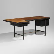 Jacques Quinet, Executive desk, c. 1950, beech, saddle-stitched leather over steel, brass