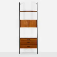 George Nelson & Associates, CSS (Comprehensive Shelving System), 1959, walnut, brushed and enameled aluminum, laminate, lacquered Masonite, enameled steel