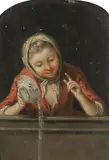 A young lady in a window, pouring water from a bowl by French School, oil on panel, offered Oct 2019