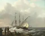 Fishermen on the shore with ships setting sail beyond by Dutch School, oil on canvas, sold Oct 2019