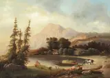 Joseph Hübner, Figures unloading barges on an Alpine lake, oil on canvas