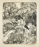 Otto Mueller, Waldsee mit drei badenden und einem sitzenden Mädchen 2, 1918, Lithographie auf Papier