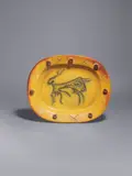 Taureau gravé by Pablo Picasso, 1947, Ovale Platte, weißer Ton, mit Engobenbemalung, gelb glasiert; ceramic, Madoura edition, sold Jun 2023