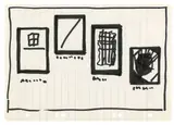Sigmar Polke, Ohne Titel (vier Fenster (Vogel) vier Gemälde, Bilder (NG)), Um 1969, Faserstift in Schwarz auf liniertem Ringbuchpapier