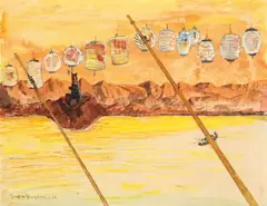 Joachim Ringelnatz, Küstenlandschaft mit Lampions, 1932, Aquarell und Bleistift auf Papier (wohl aus einem Skizzenblock)