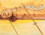 Joachim Ringelnatz, Küstenlandschaft mit Lampions, 1932, Aquarell und Bleistift auf Papier (wohl aus einem Skizzenblock)