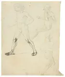 Karl Philipp Fohr, Figürliche Studien: Drei männliche Akte, 1816, Bleistift, teilweise mit Feder in Schwarz überarbeitet, auf dünnem Velin (Wasserzeichen: CS [ligiert] über symmetrisch gefächerten Lorbeerzweigen)