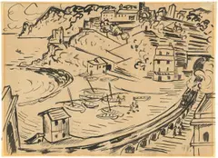 Monterosso al Mare by Max Pechstein, Um 1914, Rohrfeder in Tusche auf Papier (Wasserzeichen: ESTADOS UNIDOS DE VENEZUELA 1913 – 1914), sold Dec 2016