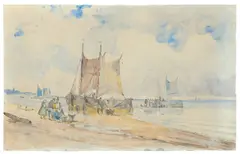 Carl Blechen, Meeresküste mit Fischerbooten und Fischern, 1828, Aquarell über Bleistift auf Papier