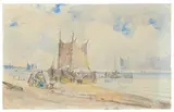Carl Blechen, Meeresküste mit Fischerbooten und Fischern, 1828, Aquarell über Bleistift auf Papier