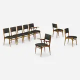 Carlo de Carli, Dining chairs model 671, set of eight, c. 1955, walnut, upholstery