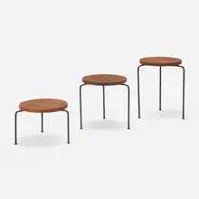 Nesting stools, set of three by Luther Conover, c. 1952, mahogany, enameled iron, sold Nov 2023