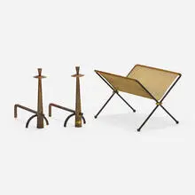 Gene Tepper, Andirons, pair and log holder, c. 1955, iron, brass-plated steel, aluminum