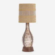 Tony Hill, Table lamp, c. 1957, glazed stoneware, glass, yarn, thread, wool, walnut