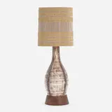 Tony Hill, Table lamp, c. 1957, glazed stoneware, glass, yarn, thread, wool, walnut