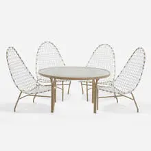 John Caldwell, Mai Tai dining chairs and table, set of five, 1956, vinyl, enameled aluminum, glass