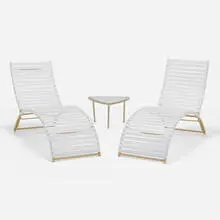 John Caldwell, Chaise lounges, pair, and occasional table, 1956, vinyl, enameled aluminum, glass